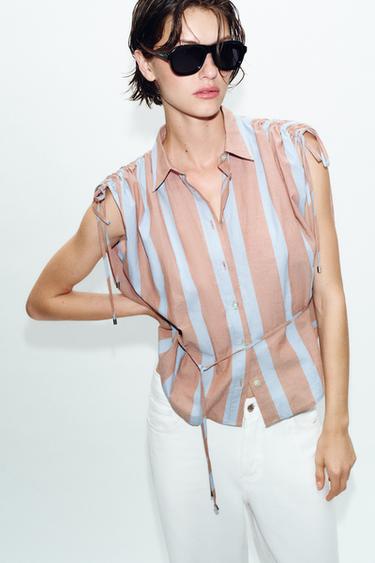 STRIPED SHIRT WITH DRAWSTRINGS - Brown-Blue by Zara - Image 1