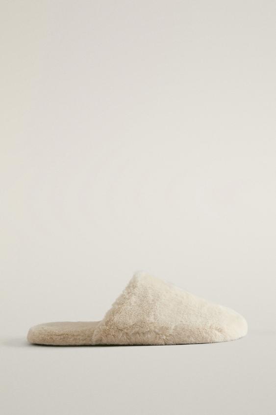 Zara FAUX FUR MULE SLIPPERS - Beige - Image 0