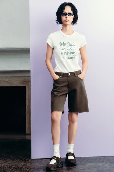 RUSTIC T-SHIRT WITH SLOGAN - White / Green by Zara