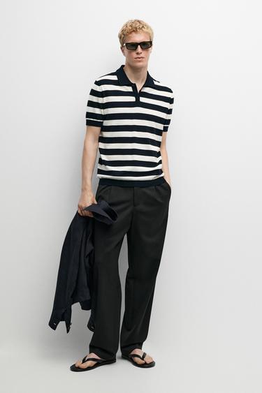 Zara 100% cotton striped knit polo shirt - Navy blue - Image 0