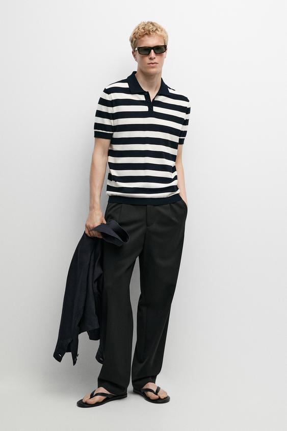 Zara 100% cotton striped knit polo shirt - Navy blue - Image 0