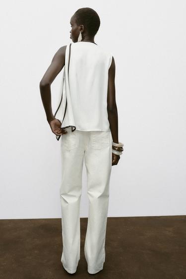 TOP SATINÉ NŒUD LISERÉS CONTRASTE - Écru / Marron de Zara - Image 3