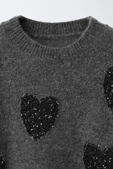 PULL EN MAILLE CŒURS PAILLETTES - Gris anthracite de Zara - Image 2