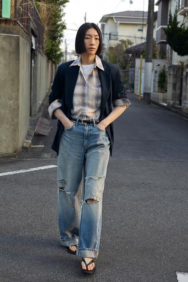 TRF ダメージ加工 ミッドライズ バギーデニムパンツインディゴブルーZaraのTRF ダメージ加工 ミッドライズ バギーデニムパンツ - インディゴブルー 