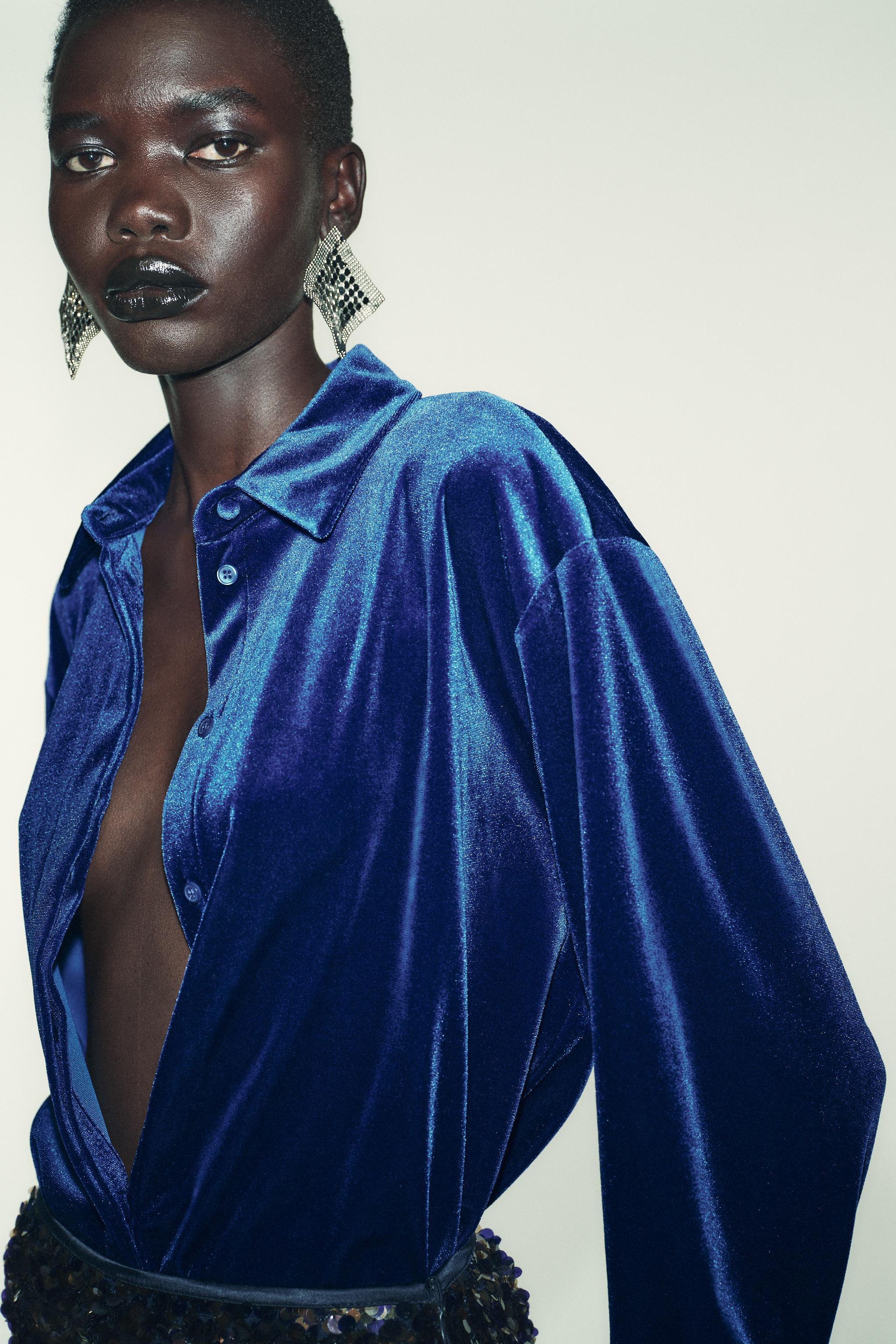 ベルベットリボンシャツ - コバルト | ZARA Japan / 日本