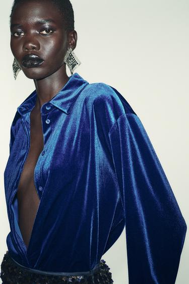 VELVET SHIRT WITH TIES - Cobalt by Zara