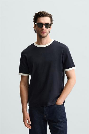 Zara BASIC CONTRAST RIB T-SHIRT - Navy blue