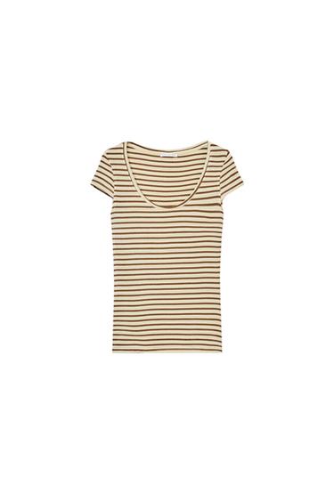 Zara STRIPED SHORT SLEEVE T-SHIRT - Ecru / Brown