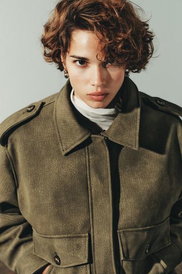 REMOVABLE COLLAR FAUX SUEDE JACKET - Khaki by Zara - Image 4