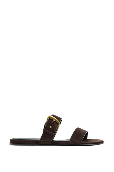 BUCKLED FLAT SPLIT SUEDE SANDALS - Brown by Zara