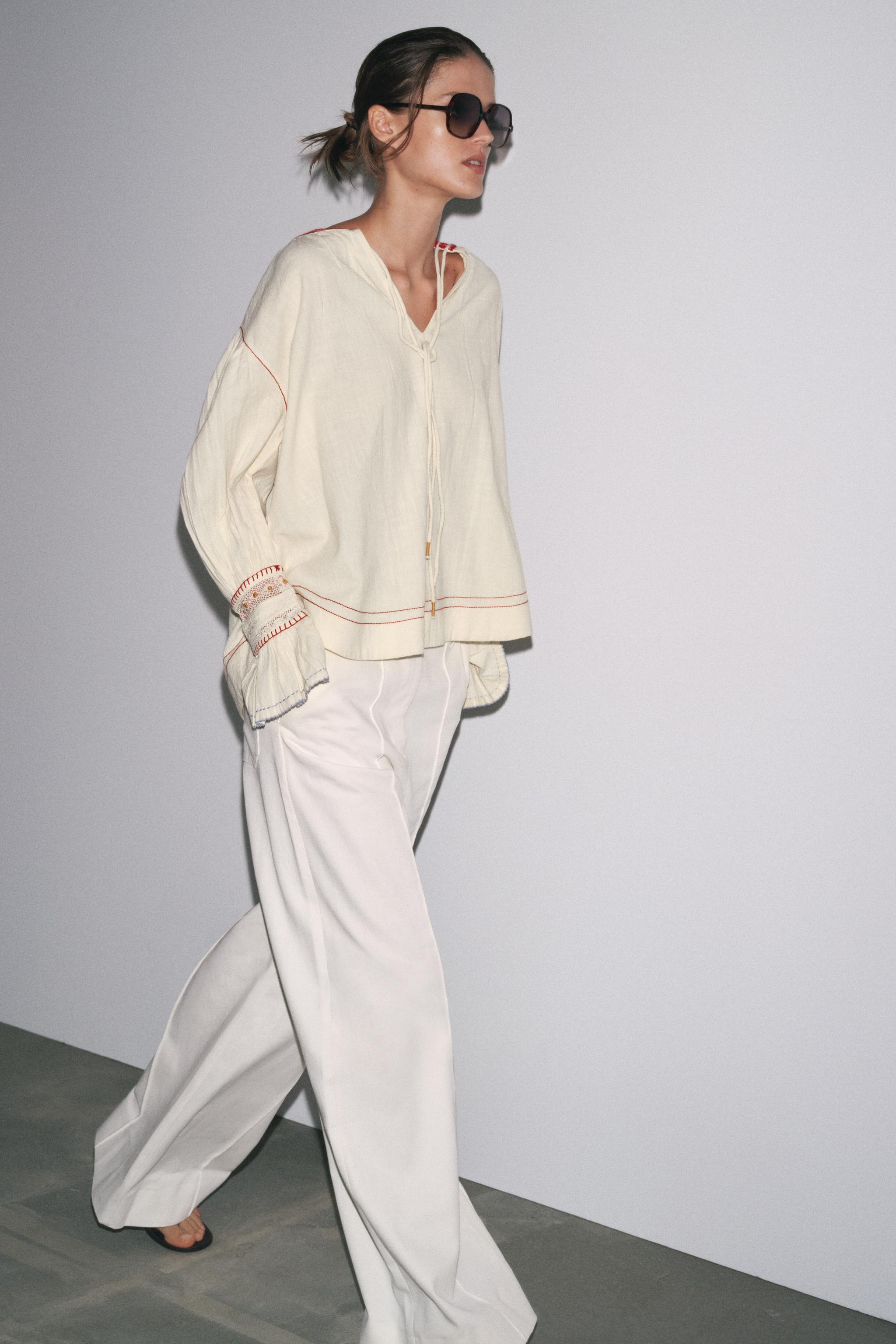ZW COLLECTION EMBROIDERED SHIRT - Ecru / Maroon | ZARA