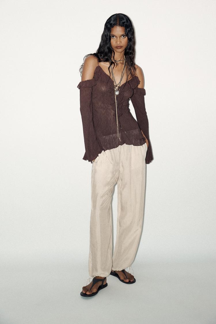 RUFFLED COLD-SHOULDER TOP Brown ZARA Australia
