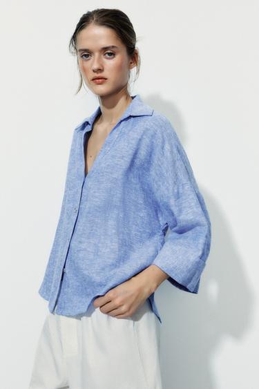 Zara LINEN BLEND V-NECK SHIRT - Light blue