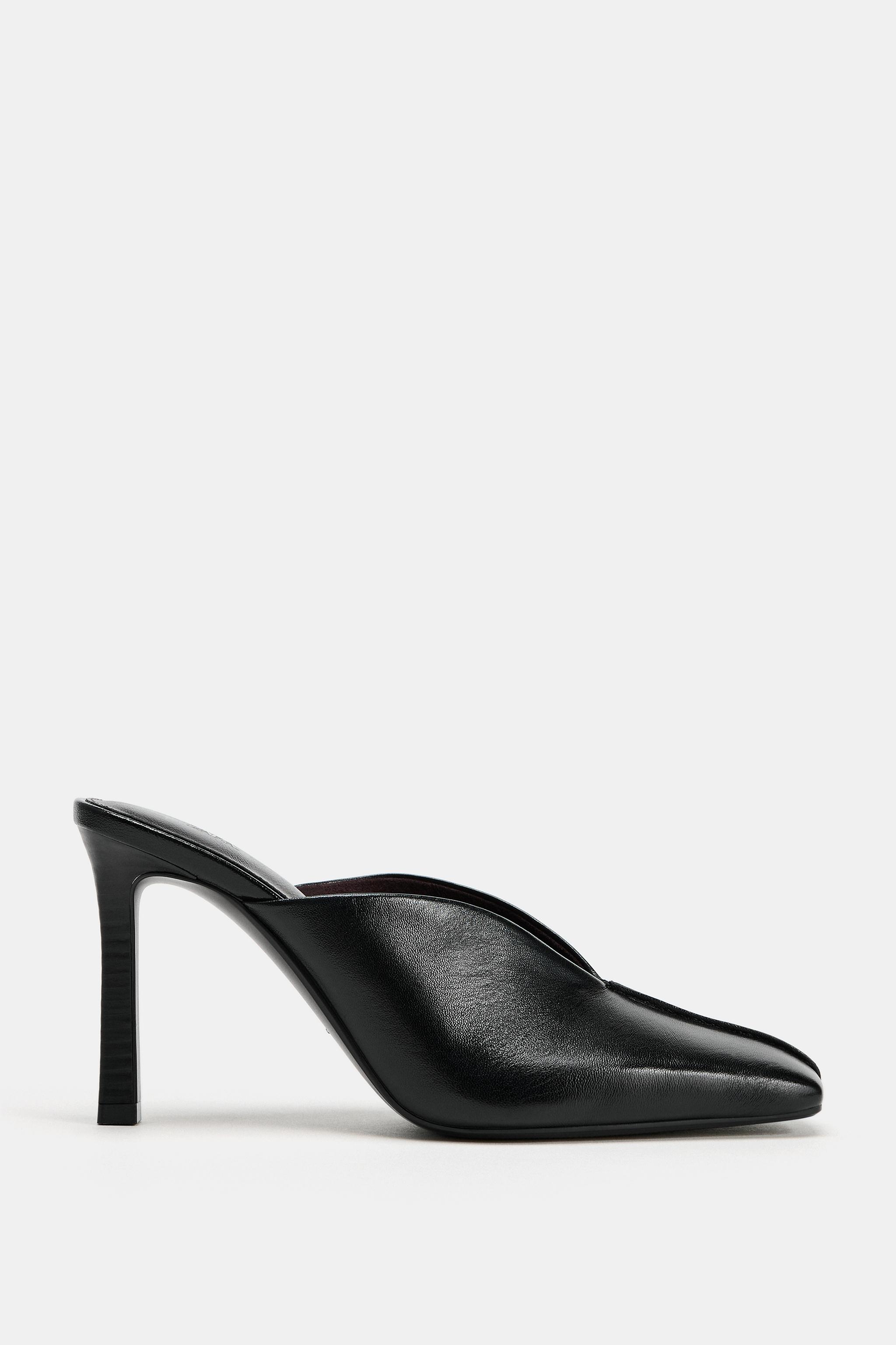 LEATHER HEELED MULES — Black