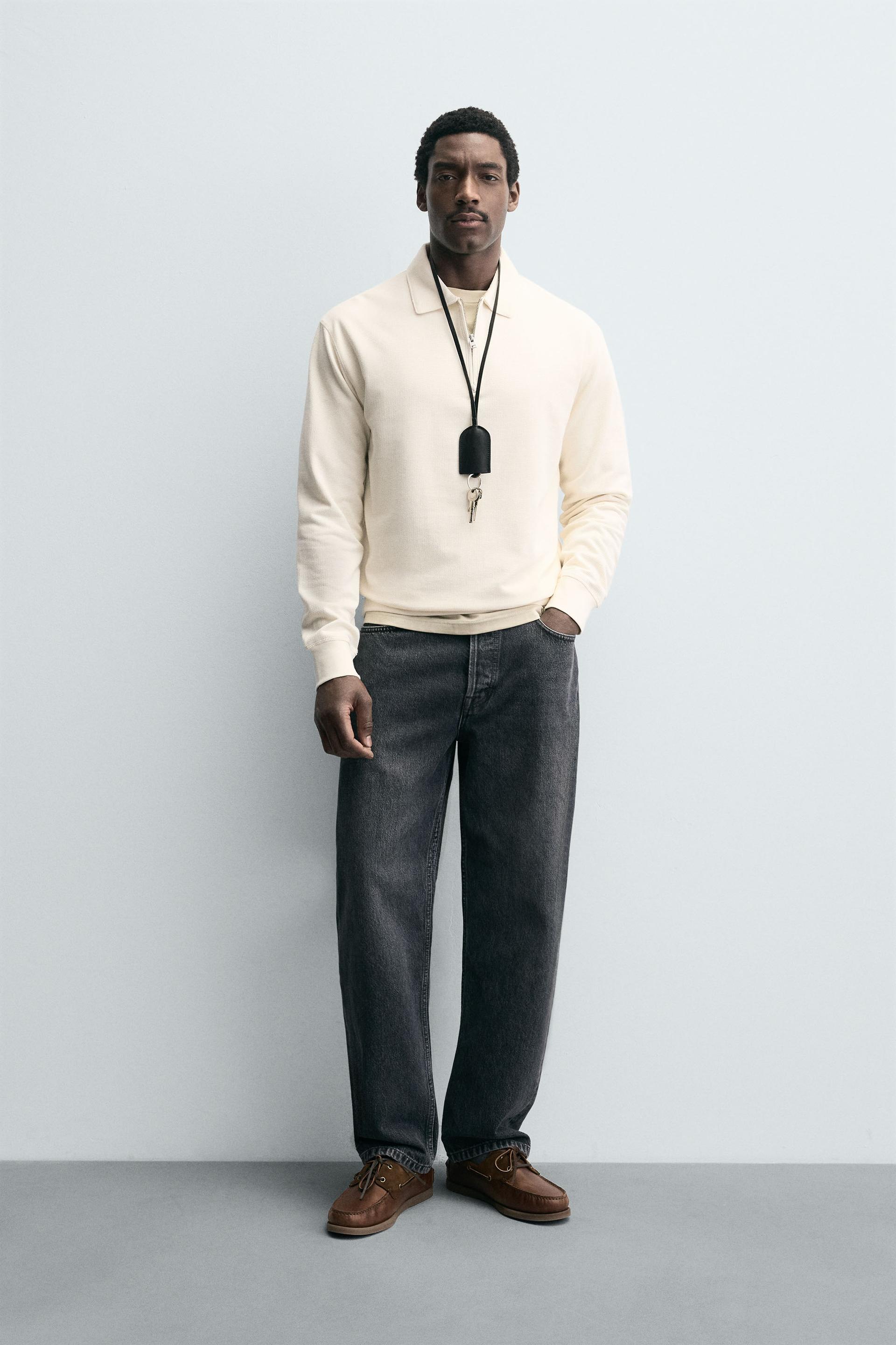 Textured Weave Polo Shirt With Zip