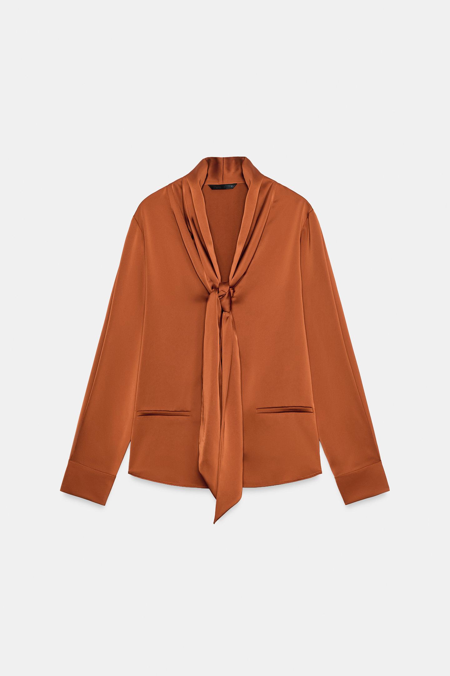 Женская блузка Zara Satin Bow Blouse, цвет: Оранжевый — фото 7