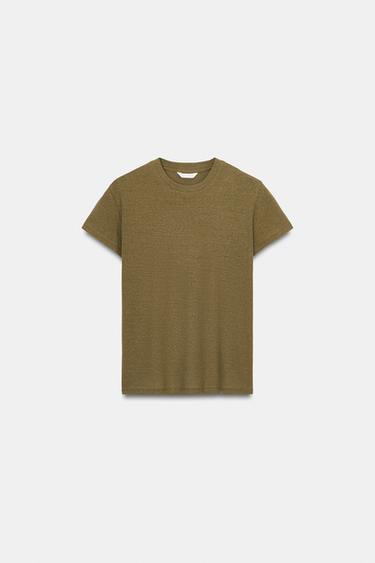 SHORT SLEEVE LINEN BLEND T-SHIRT - Dark olive by Zara