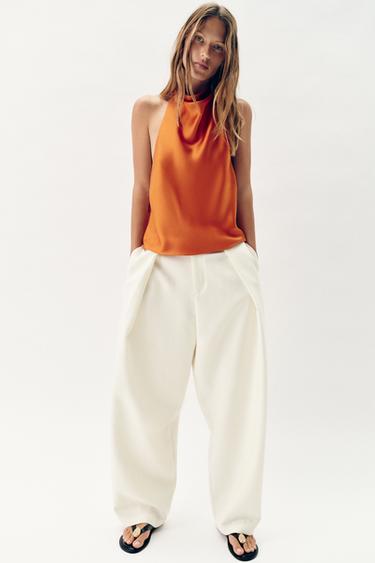Zara SATIN EFFECT HALTER TOP - Orange