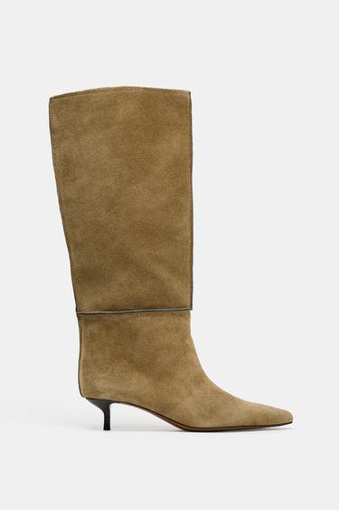 STITCHED SPLIT SUEDE BOOTS - Khaki Green by Zara