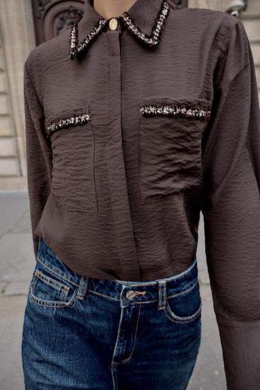 TEXTURED SHIRT WITH PIPING - Brown by Zara