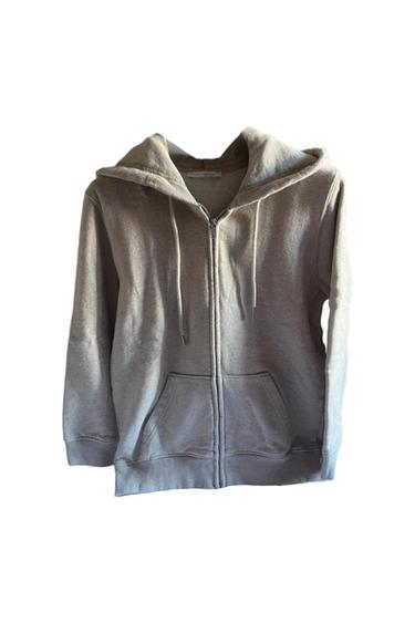 Light beige casual hoodie with drawstrings, a front zip fastening, and pockets, on a white background.