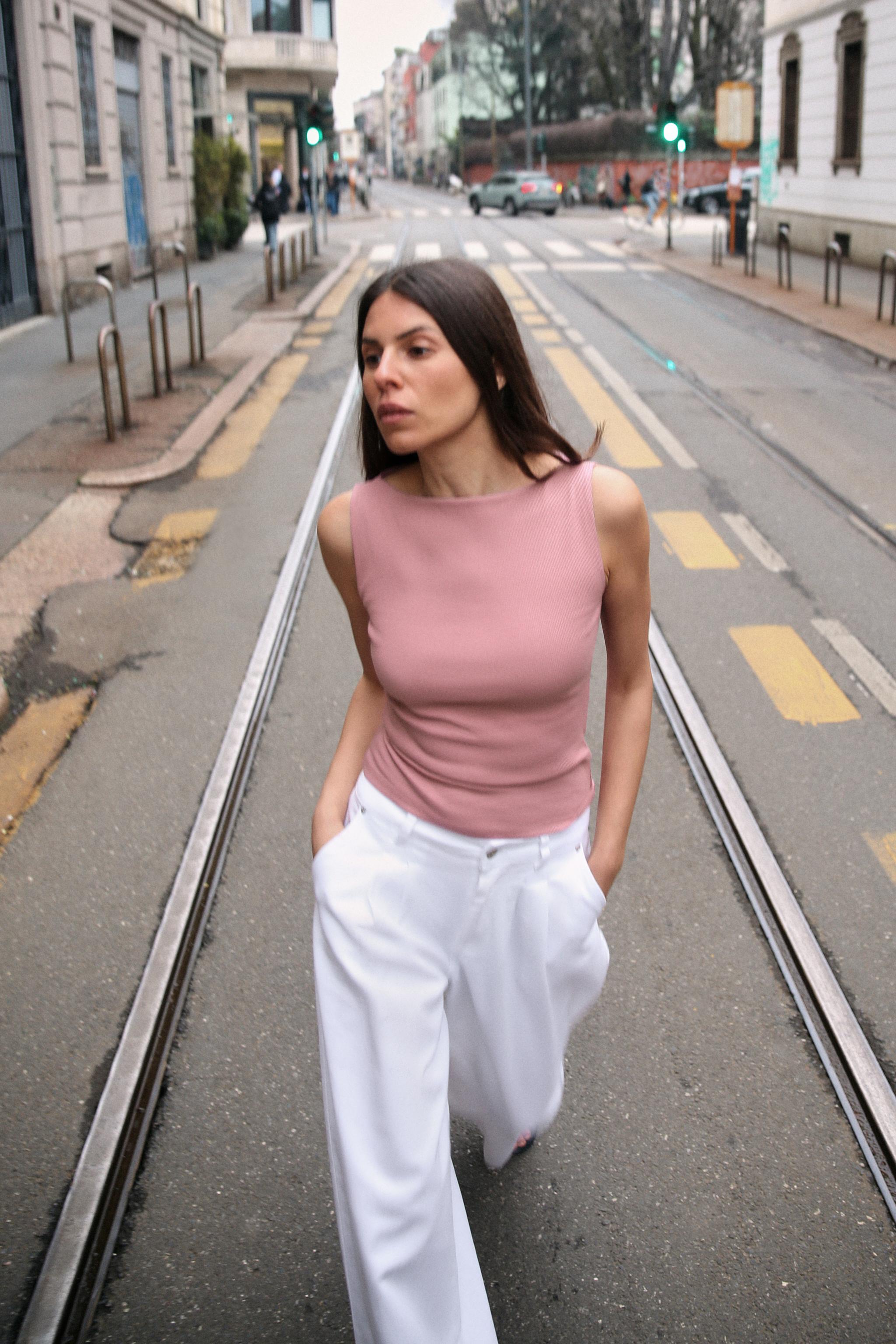 ZARA ニット バンドゥトップス ピンク S リブ ベアトップ - メルカリ