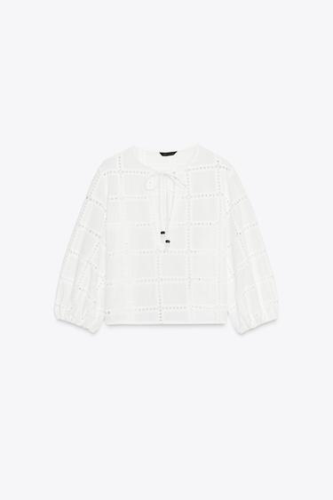 BLOUSE COURTE BRODÉE ET PERFORÉE - Blanc de Zara - Image 3