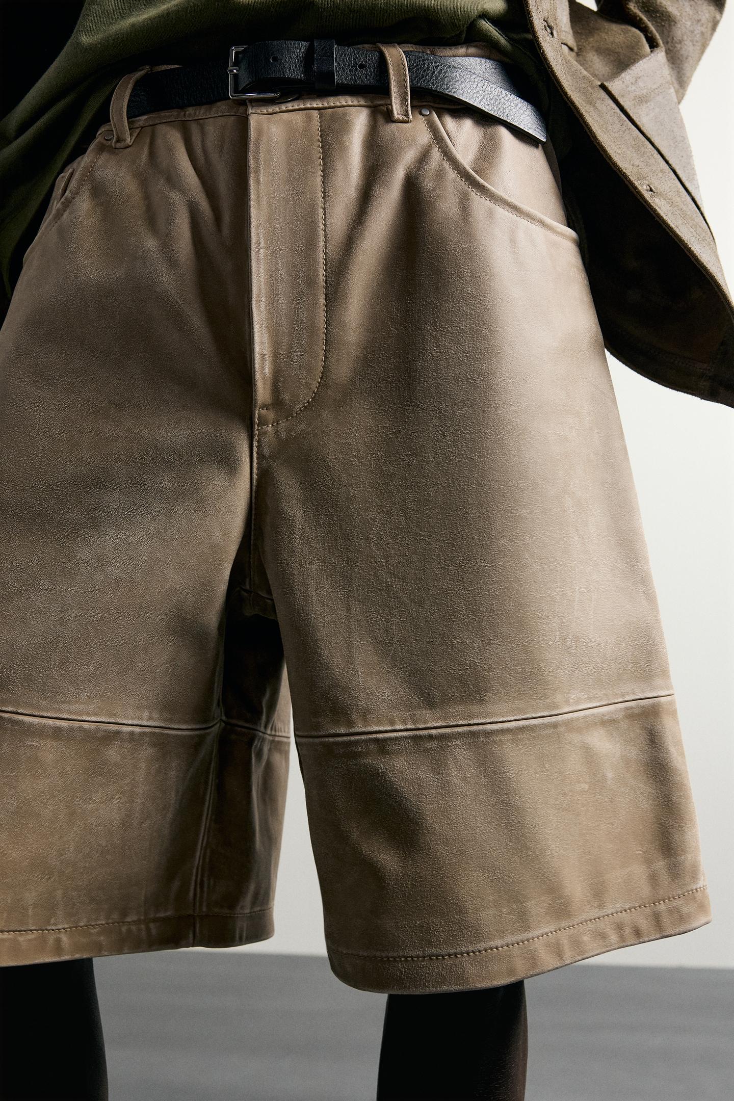 Мужские шорты Zara Washed-Effect Leather Bermuda, цвет: Бежевый — фото 6