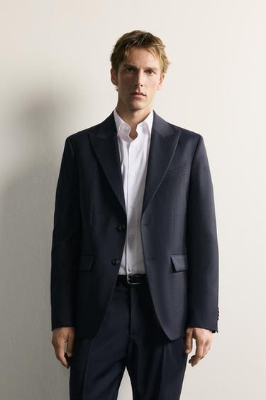 Zara REGULAR FIT SAKO OD ODIJELA OD 100% VUNE S TANKIM PRUGAMA – mornarsko plava