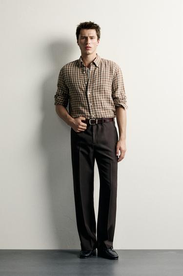100% LINEN CHECK SHIRT - Khaki by Zara - Image 0