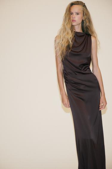 OPEN BACK SATIN LONG DRESS - Dark brown by Zara - Image 1