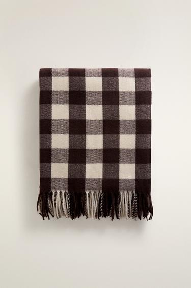 CHECK AND FRINGE BLANKET - Brown by Zara