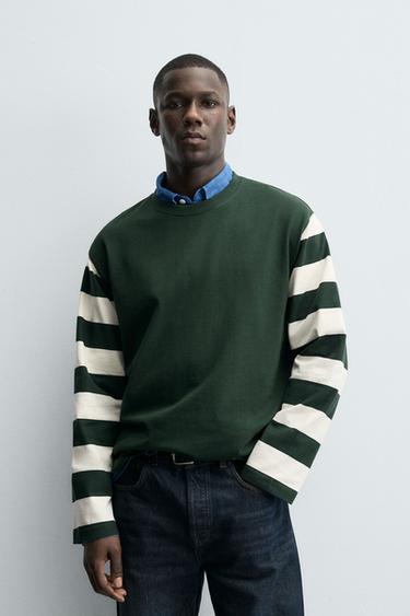 Zara STRIPED LONG SLEEVE SHIRT - White / Green