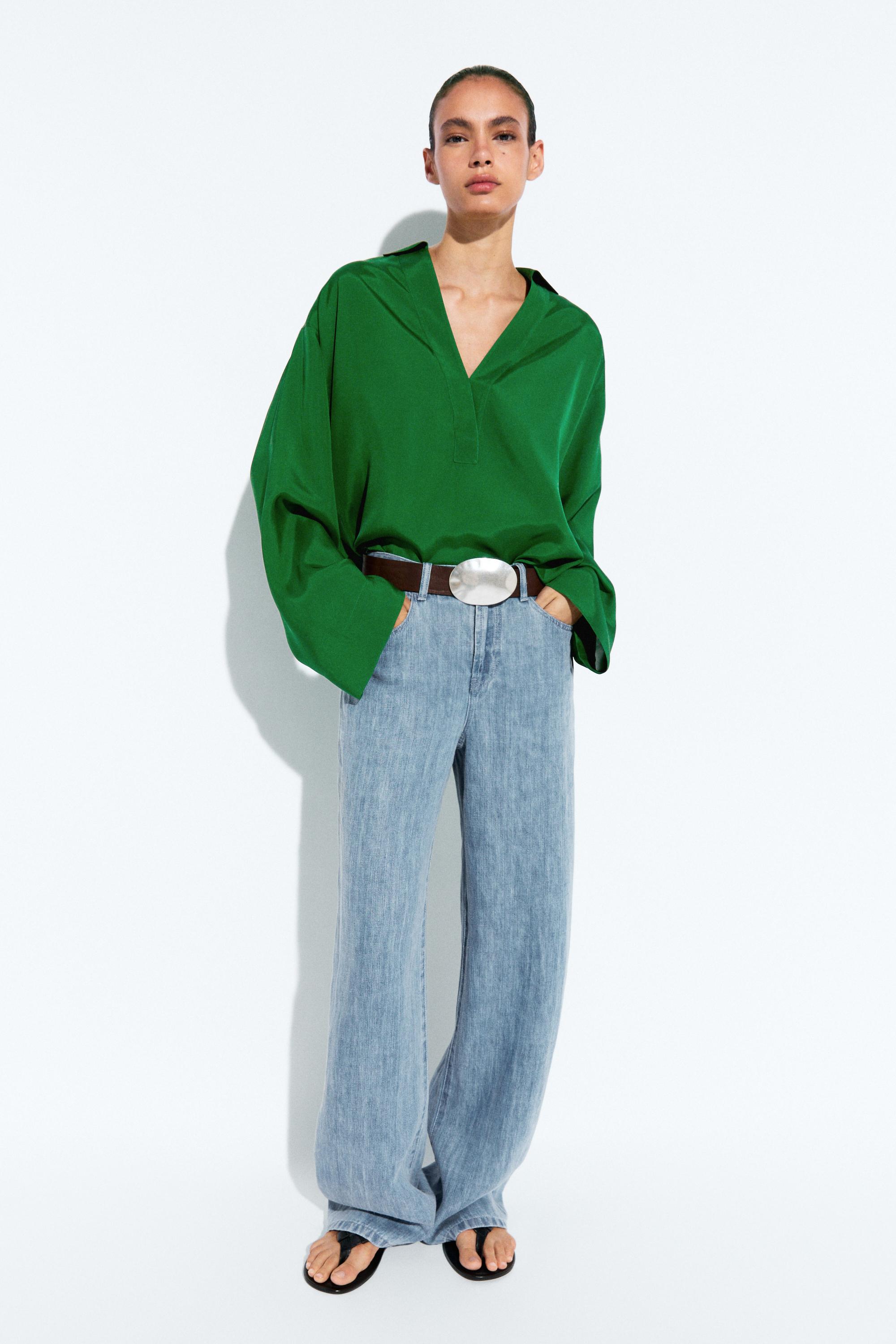 Long sleeve flowing polo shirt — Green