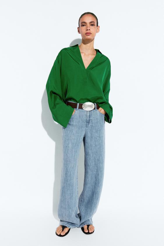 Camisa polo fluida manga larga - Verde de Zara - Imagen 0