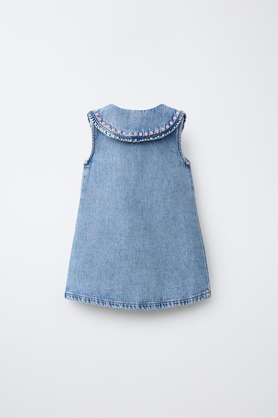 EMBROIDERED COLLAR DENIM DRESS - Blue