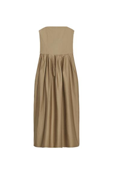 Back view of strapless khaki midi dress with pleats and concealed side zip closure.