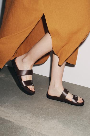 Zara DOUBLE STRAP LEATHER SANDALS - Chocolate Brown - Image 0