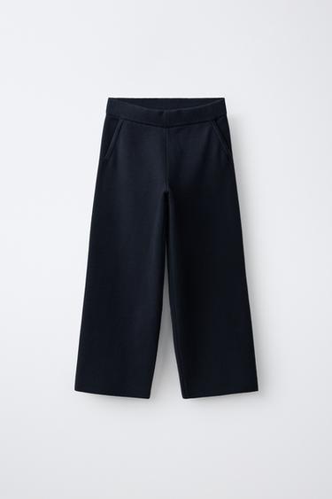 Zara WIDE-LEG KNIT PANTS - Navy blue