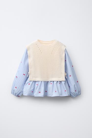 EMBROIDERED SHIRT WITH BOWS AND KNITTED WAISTCOAT - خَام / أزرق الخاص بـ Zara