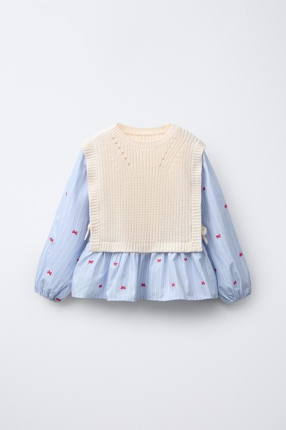 BOW EMBROIDERY SHIRT WITH KNIT VEST