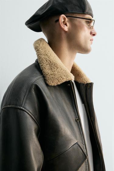 BLOUSON EN CUIR COL COMBINÉ ÉDITION LIMITÉE - Gris foncé de Zara - Image 6