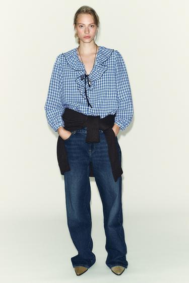 بلوزة بكشاكش ومربعات فيشي - أزرق / أبيض الخاص بـ Zara - صورة 0
