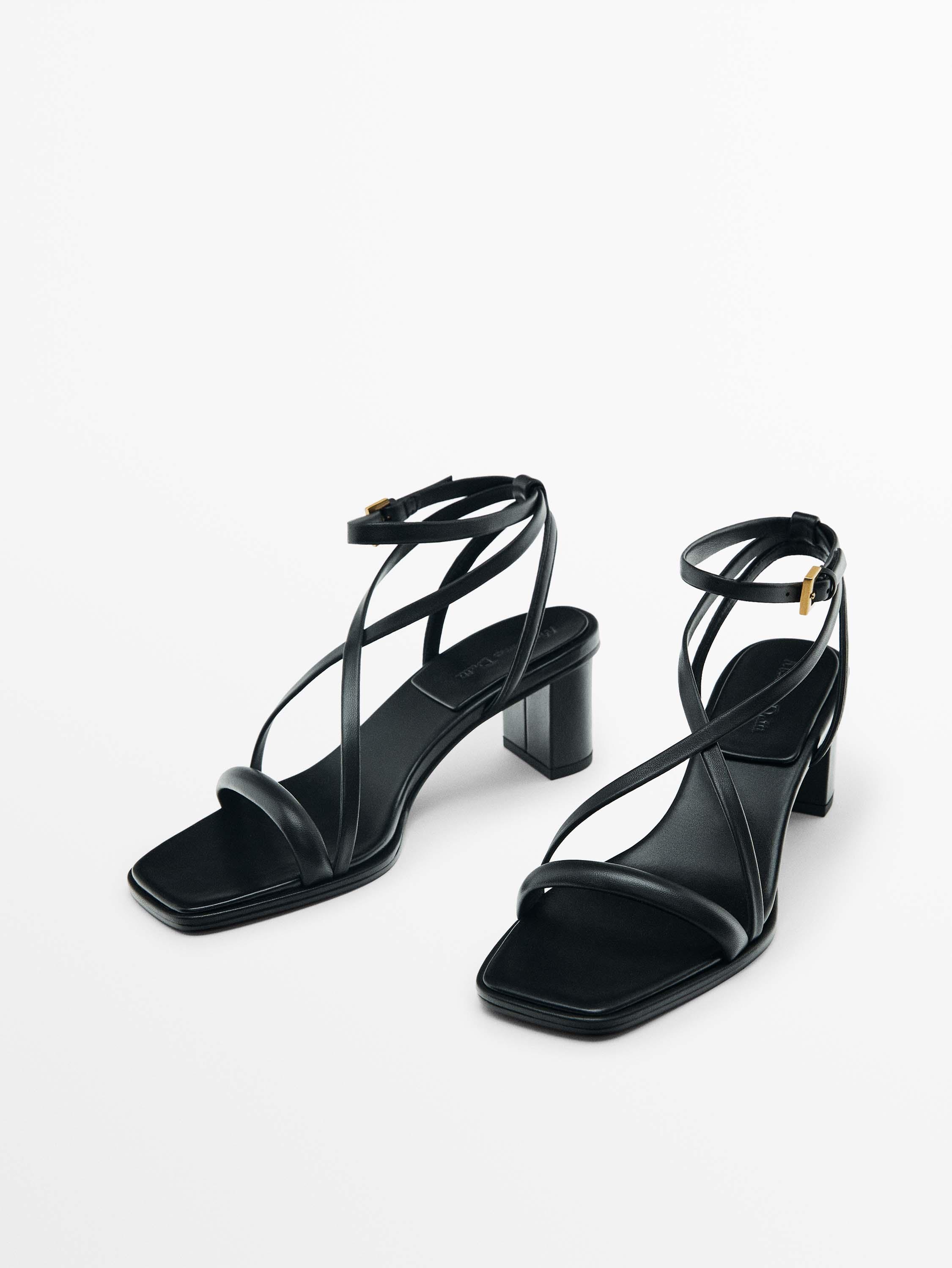 Black fashion leather strappy block heel sandals