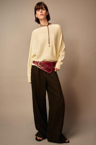 PANTALÓN PALAZZO LINO 100% ZW COLLECTION - Marrón de Zara