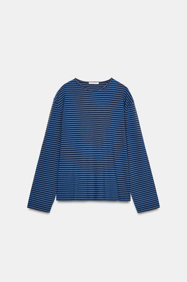T-SHIRT MIT LANGEN ÄRMELN UND STREIFEN - Braunblau von Zara