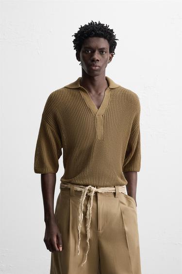 Zara 珍珠針織 POLO 衫 - 卡其色
