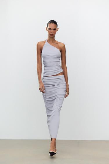 JUPE LONGUE À FRONCES - Bleu / Gris de Zara