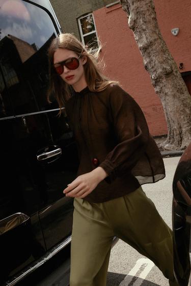 Zara SHEER BALLOON SLEEVE BLOUSE - Brown