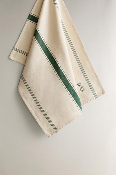 COTTON TEA TOWEL WITH CLEANING EMBROIDERY - Green by Zara